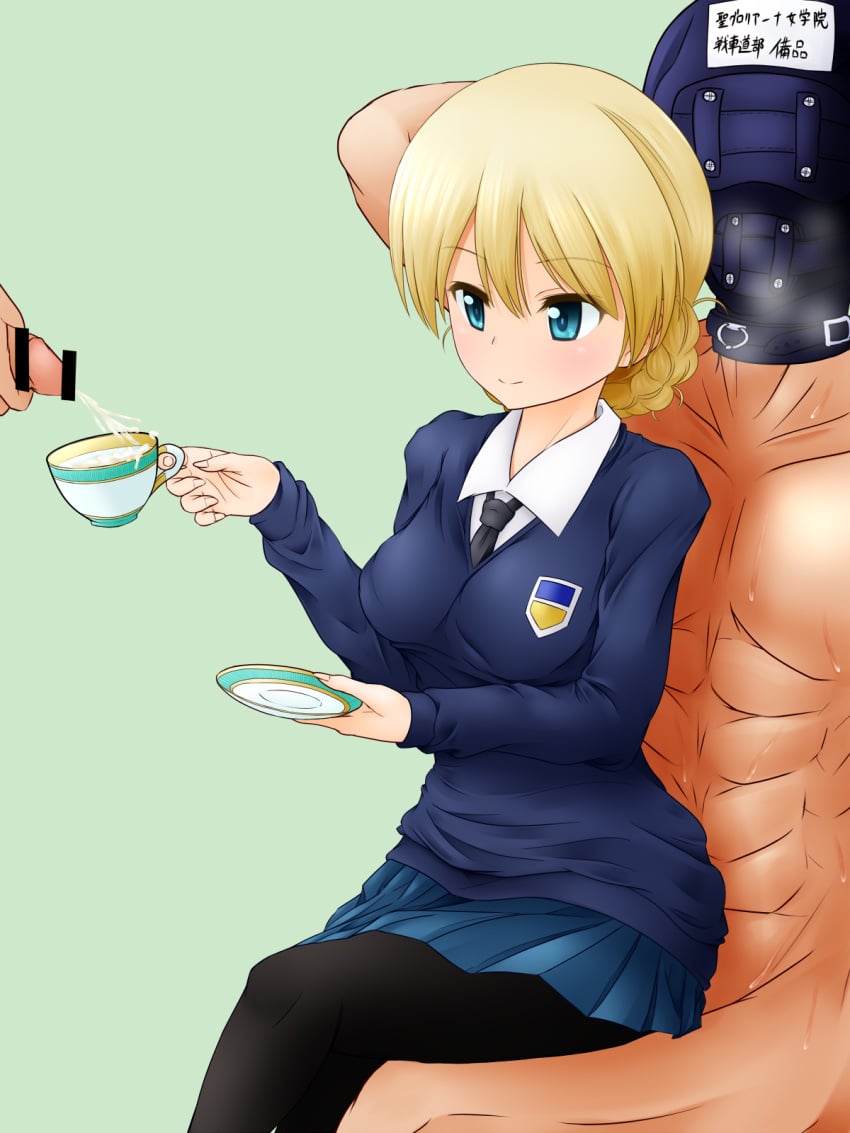 2boys blonde_hair blue_eyes blush breasts butabarutan cum darjeeling ejaculation female girls_und_panzer medium_breasts multiple_boys pantyhose penis school_uniform sitting sitting_on_lap skirt smile tea teacup