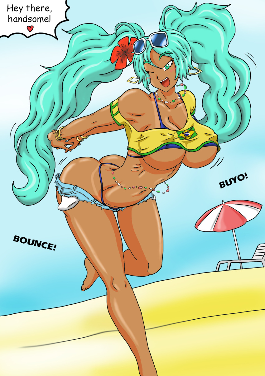 1girls beach beach_chair beach_umbrella bikini bikini_bottom bikini_top blue_hair blue_hair_female brazil brazilian brazilian_female brazilian_miku color flower_in_hair hatsune_miku short_shorts solo_female sunglasses sunglasses_on_head tan tan_body tan_skin tanline thewritefiction twintails vocaloid winking