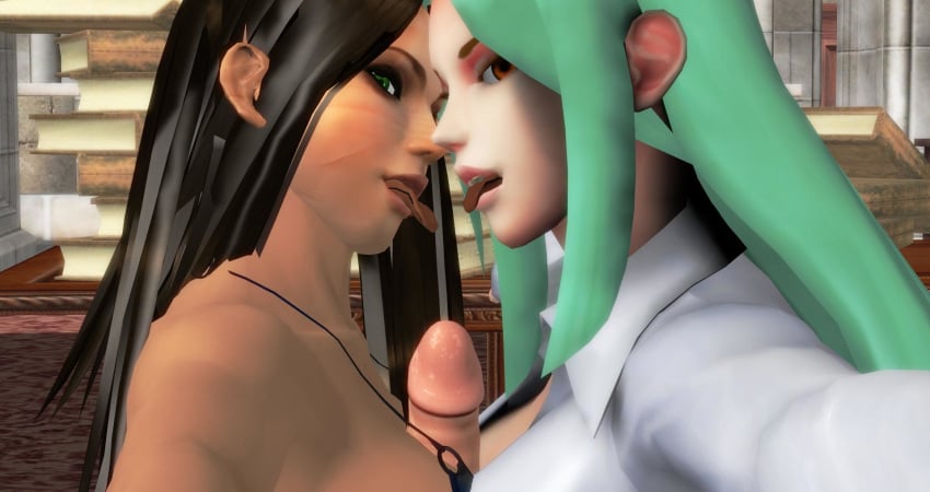 2girls 3d black_hair breasts capcom clothing crossover darkstalkers double_paizuri dudehentai eastern_and_western_character green_eyes green_hair looking_at_viewer marvel marvel_comics marvel_vs._capcom marvel_vs._capcom_3 morrigan_aensland paizuri penis red_eyes succubus titfuck white_shirt x-23 x-men xnalara