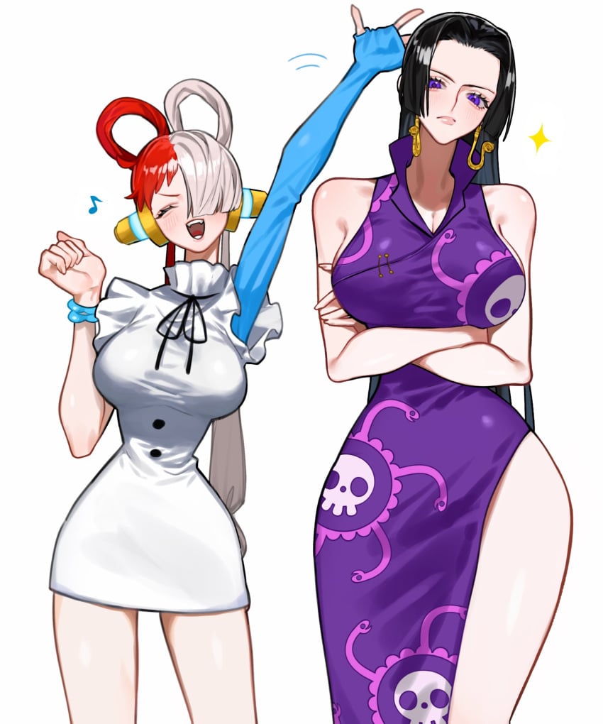 2girls bare_arms bare_legs bare_shoulders bare_thighs big_breasts black_hair blush boa_hancock clothed clothing color female female_focus female_only hi_res jewelry large_breasts light-skinned_female light_skin long_hair looking_at_viewer multicolored_hair one_piece purple_eyes shounen_jump siokosho_kinoko solo_female tagme thick_thighs uta_(one_piece)