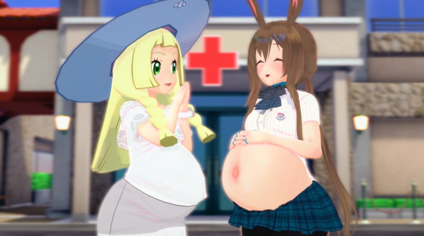 2girls 3d amiya_(arknights) arknights blonde_hair brown_hair clothed exposed_belly green_eyes happy hat hospital kemonomimi lillie_(pokemon) long_hair maikatz14 multiple_pregnancies pokemon pokemon_sm ponytail popped_navel pregnancy_mark pregnant pregnant_female rabbit_ears rabbit_girl ready_to_pop tagme twintails