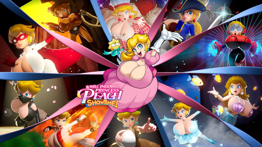 2d 2d_artwork 2girls 3d 3d_model big_breasts blue_eyes boob_window bow breast_bigger_than_head breasts breasts_bigger_than_head cleavage cowgirl_peach curvy detective_peach duo dytser female female_only figure_skater_peach game_mod giant_breasts gigantic_breasts huge_breasts inner_sideboob kung-fu_peach large_breasts light-skinned_female light_skin lips lipstick mario_(series) massive_breasts mega_busty mermaid_peach mighty_peach mod ninja_peach nintendo no_bra patissiere_peach pink_bow pink_lipstick ponytail princess_peach princess_peach:_showtime! public_exposure revealing_clothes sideboob smalf swordfighter_peach teasing tied_hair video_game