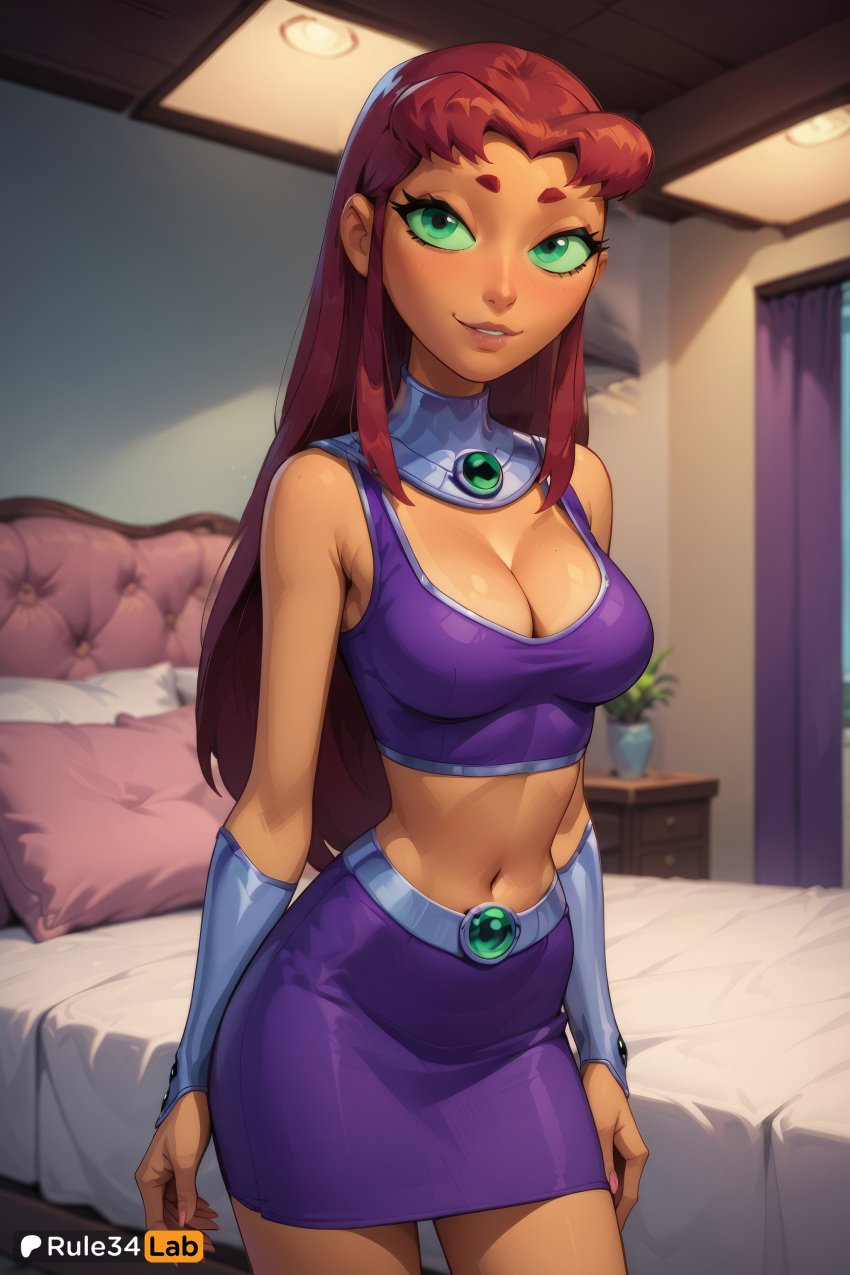 1girls ai_generated artist_name bare_shoulders bed bedroom boomerang_(tv_network) breasts cartoon_network cleavage colored_sclera colored_skin cowboy_shot crop_top curtains dc dc_comics gorget green_eyes green_sclera hi_res indoors large_breasts lips long_hair looking_at_viewer medium_breasts midriff navel on_bed orange_skin parted_lips pillow plant purple_skirt red_hair rule34lab skirt sleeveless smile solo standing starfire superhero superheroine tank_top teen_titans warner_brothers web_address