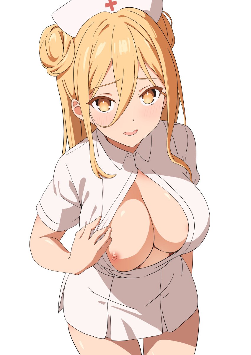 2d 2d_(artwork) big_breasts blonde_hair breasts cleavage date_a_live female female_only hoshimiya_mukuro light-skinned_female long_hair looking_at_viewer nipple_slip nurse nurse_uniform open_shirt solo solo_female thighs yellow_eyes