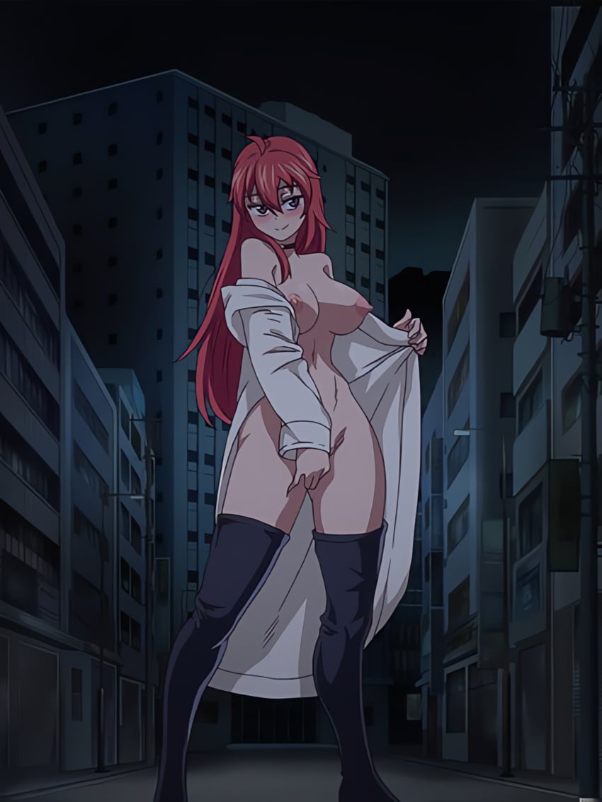 1girls areolae big_breasts blush breasts city female female_only legs legwear light-skinned_female light_skin night nipples outdoor outdoors outside pale-skinned_female pale_skin red_hair screencap screenshot shounen_ga_otona_ni_natta_natsu smile solo solo_female standing thighhighs thighs white_skin