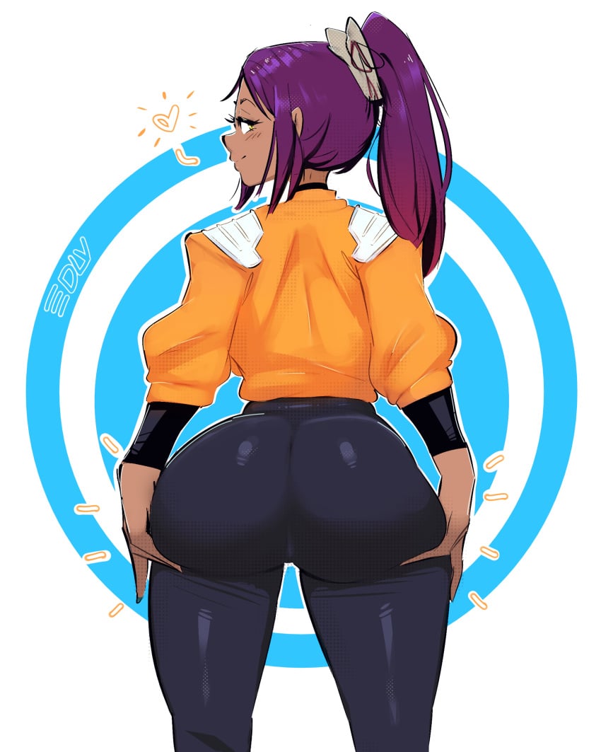 1girls 2024 artist_name artist_signature ass ass_focus back_view big_ass big_butt bleach blush blush_lines blushing bottomwear butt clothed clothing dark-skinned_female dark_skin edalv female female_focus female_only grabbing_ass grabbing_own_ass half-closed_eyes hi_res highres jacket looking_at_viewer looking_back png ponytail presenting presenting_hindquarters purple_hair shiny_clothes shiny_hair showing_ass simple_background smile smiling smiling_at_viewer smug smug_face solo solo_female thick_thighs tight_clothing tight_pants topwear wide_hips yoruichi_shihouin