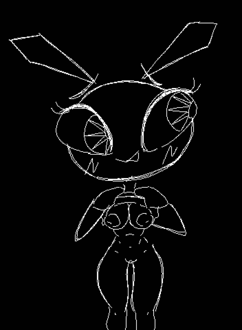 anthro binary_drawing black_and_white black_background black_body black_fur blush bottomless breasts clothed clothing clothing_lift female fur genitals hi_res lagomorph leporid looking_aside mammal monochrome navel presenting presenting_breasts pussy rabbit shirt shirt_lift shy simple_background solo thick_thighs topwear vibri's_cousin vussybussy white_blush