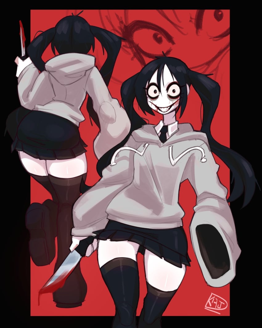 1girls black_hair black_legwear black_skirt black_thighhighs blood clothing dkajda female hatsune_miku jeff_the_killer knife legs_together long_hair miku_the_killer skirt smile thighhighs wide_hips