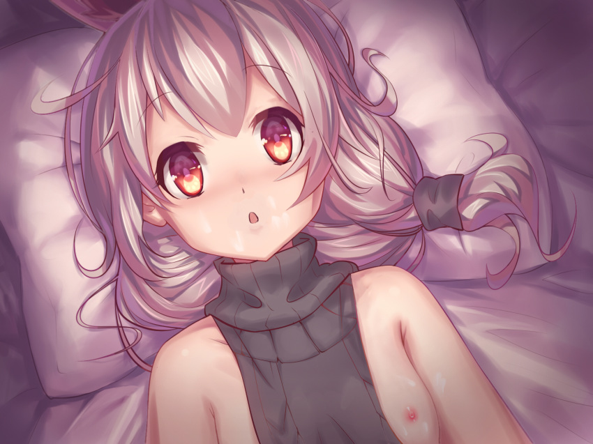 aran_sweater backless_outfit bangs bed_sheet benghuai_xueyuan breasts brown_eyes cum cum_on_body cum_on_breasts cum_on_upper_body eyebrows_visible_through_hair facial female grey_hair halterneck hei_huo_chong honkai_impact long_hair looking_at_viewer lying meme_attire naked_sweater nipples on_back on_bed one_breast_out open_mouth pillow ribbed_sweater small_breasts solo sweater theresa_apocalypse turtleneck turtleneck_sweater virgin_killer_sweater