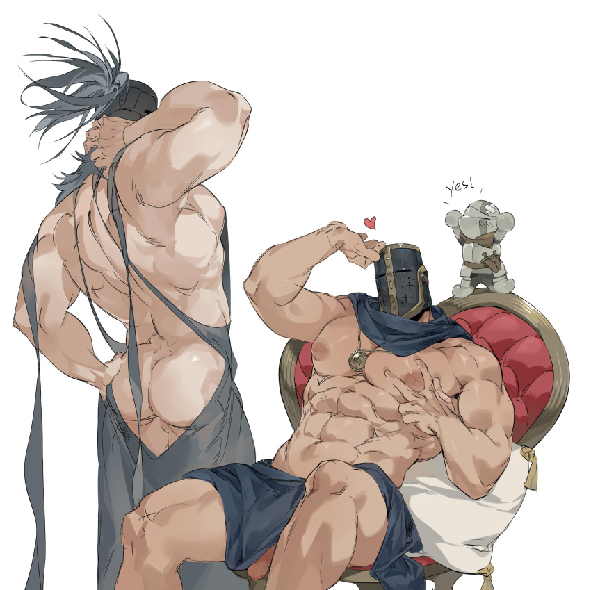 2boys 34am abs absurdres ass bara biceps elden_ring english_text fromsoftware helmet highres male_focus male_only multiple_boys muscular muscular_male night's_cavalry nipples pectorals penis pillow sitting tarnished white_background