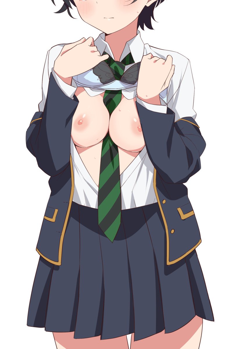 black_hair blush bra_lift breasts_out female_focus kanojo_okarishimasu large_breasts morisobo open_shirt sarashina_ruka school_uniform skirt tie_between_breasts white_background