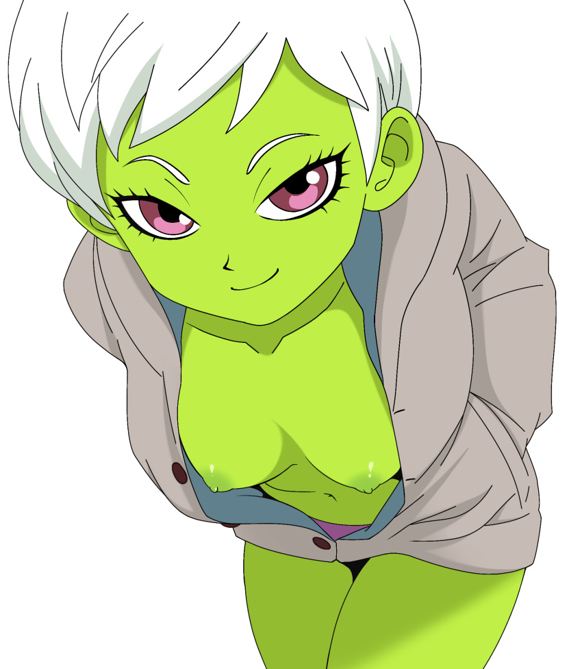 1girls bottomless cheelai colored_skin curvy dragon_ball dragon_ball_super female female_focus green_skin petite pink_eyes shirt shirt_only short_hair white_hair xeno_doujin