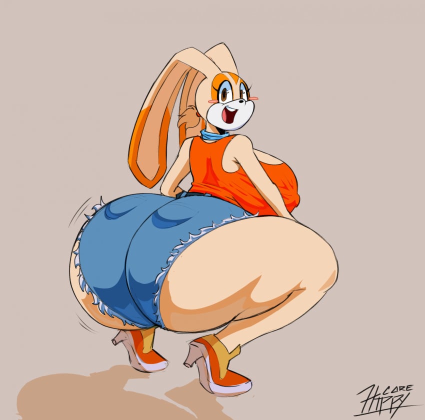 1girls aged_up anthro ass bandana bandana_on_neck booty_shorts breasts brown_eyes bunny cream_the_rabbit daisy_dukes female female_focus female_only furry heels hippycore hips lagomorph lagomorph_humanoid large_ass large_breasts looking_back nipple_bulge phat_ass rabbit sega shorts sideboob sonic_(series) sonic_the_hedgehog_(series) squatting tan_fur thick_thighs thighs twerking