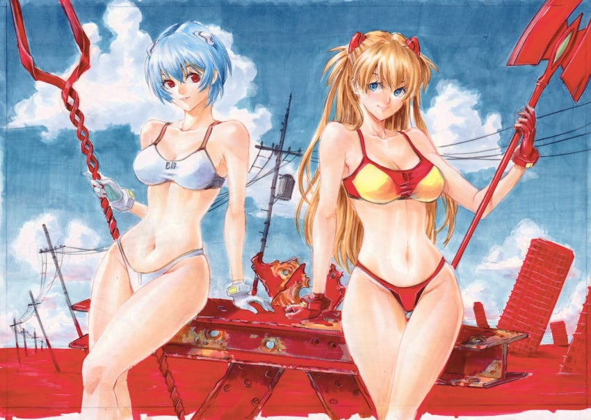 2girls asuka_langley_sohryu blue_eyes blue_hair breasts cleavage curvy duo female female_only fully_clothed gloves human interface_headset lance_of_longinus large_breasts lcl light-skinned_female light_brown_hair light_skin long_hair medium_breasts neon_genesis_evangelion orange_hair pale-skinned_female pale_skin rebuild_of_evangelion red_eyes rei_ayanami rodrigo_yoshimiya short_hair slender_waist underwear weapon wide_hips