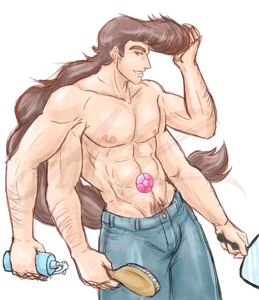 4_arms artist_signature fit_male gem_fusion hairbrush male male_only mirror misakigio no_visible_genitalia pompadour shirtless shirtless_male steg_(steven_universe) steven_universe