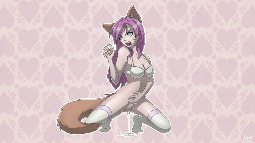 animal_humanoid canine cum cum_in_pussy cum_inside cumdrip female fox fox_humanoid hair humanoid mammal pink_hair solo vixikats