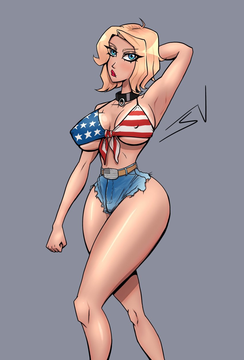 alternate_ending american_flag_bikini ass_expansion bimbo bimbofication bra brainwashing breast_expansion english_text female high_heels huge_ass lip_expansion midriff mind_control navel permanent_smile post_transformation redneck redneck_girl revealing_clothes smile spidersvice text thick_thighs thigh_expansion thin_waist transformation wide_hips