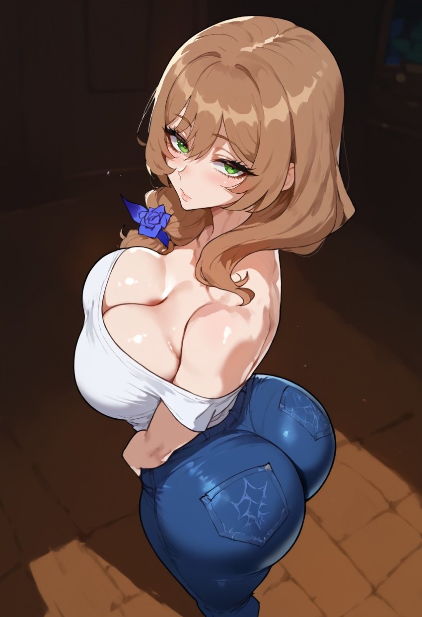 1girls ai_generated ass ass ass_focus bare_shoulders big_ass big_breasts big_butt blush brown_hair clothed clothing color female female_focus female_only floppydisc genshin_impact green_eyes hi_res jeans large_breasts light-skinned_female light_skin lisa_(genshin_impact) long_hair looking_at_viewer no_bra shirt solo solo_female tagme thick_thighs