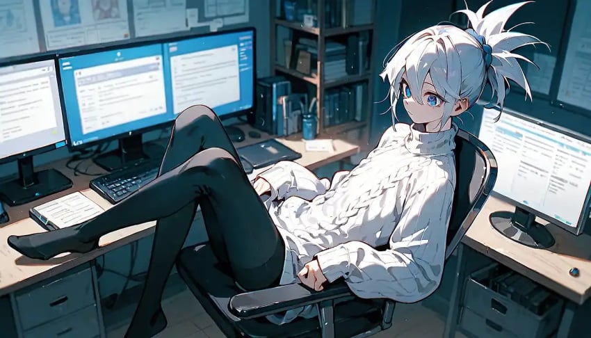 ai_generated blue_eyes computer computer_monitor eyeliner eyeshadow femboy hair_tied hair_tied_back leggings legs_on_desk legs_up mila_matsumoto oc original original_character oversized_sweater ponytail white_hair