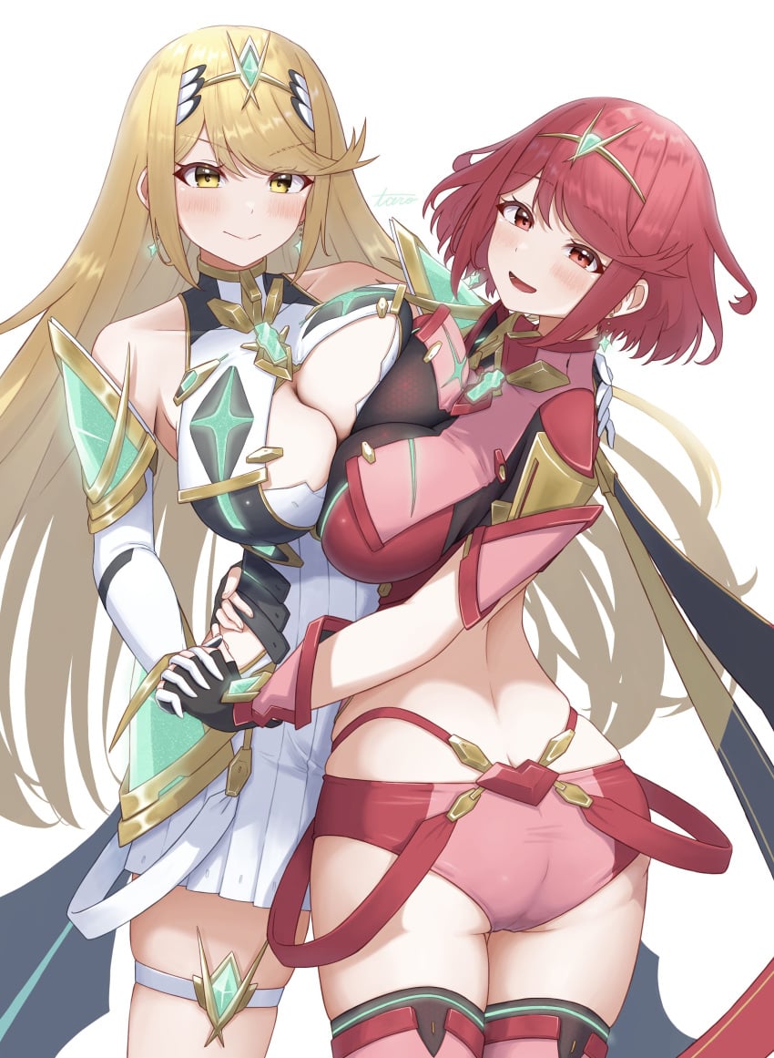 2girls absurdres ass blonde_hair breast_press breasts butt_crack cleavage highres large_breasts multiple_girls mythra mythra_(xenoblade) pyra pyra_(xenoblade) red_eyes red_hair symmetrical_docking taro_(peach_taro51) xenoblade_chronicles_(series) xenoblade_chronicles_2 yuri