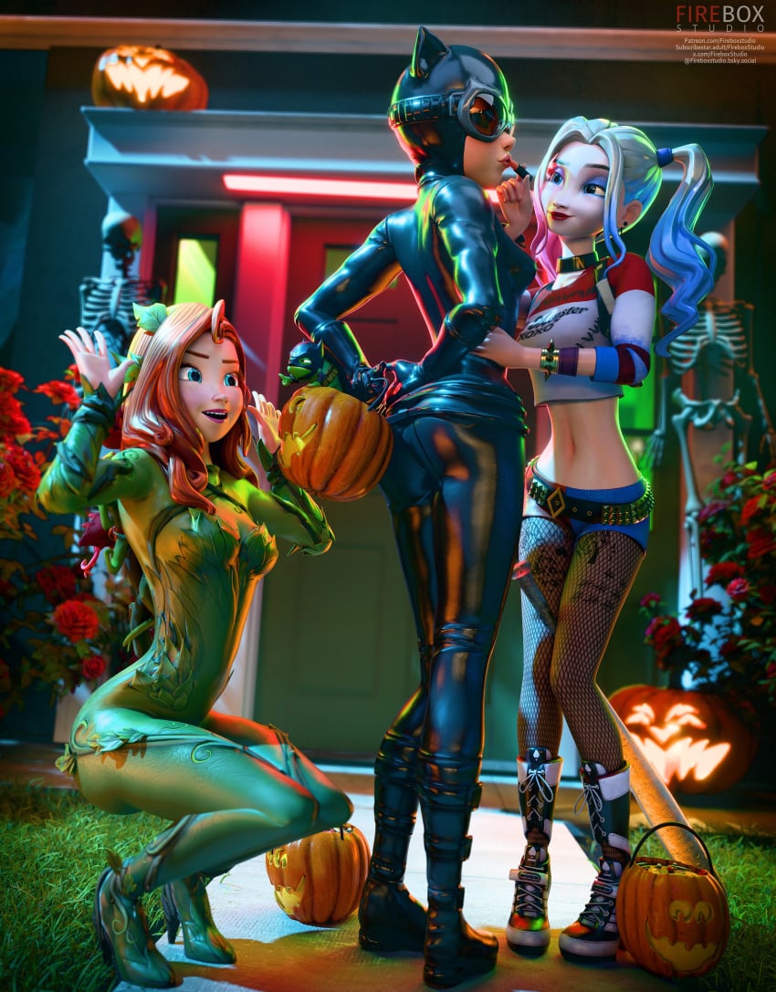 2024 3d 3d_(artwork) 3girls anna_(frozen) blender bodysuit catwoman_(cosplay) cleavage clothed clothing cosplay dc detailed_background disney disney_princess elsa_(frozen) female female_focus female_only fireboxstudio fishnet_legwear fishnets frozen_(film) frozen_2 halloween harley_quinn_(cosplay) hi_res highres jean_shorts latex latex_bodysuit legwear light-skinned_female light_skin long_hair makeup petite petite_body petite_female poison_ivy_(cosplay) ponytail ponytails pumpkin pumpkins rapunzel red_hair red_hair shorts slim_waist standing tangled trio two_tone_hair watermark