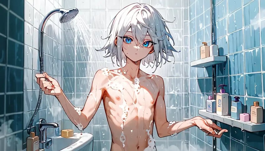 ai_generated blue_eyes femboy looking_at_viewer mila_matsumoto naked naked_femboy naked_male oc original original_character shower showerhead showering soap_bubbles soap_censor white_hair