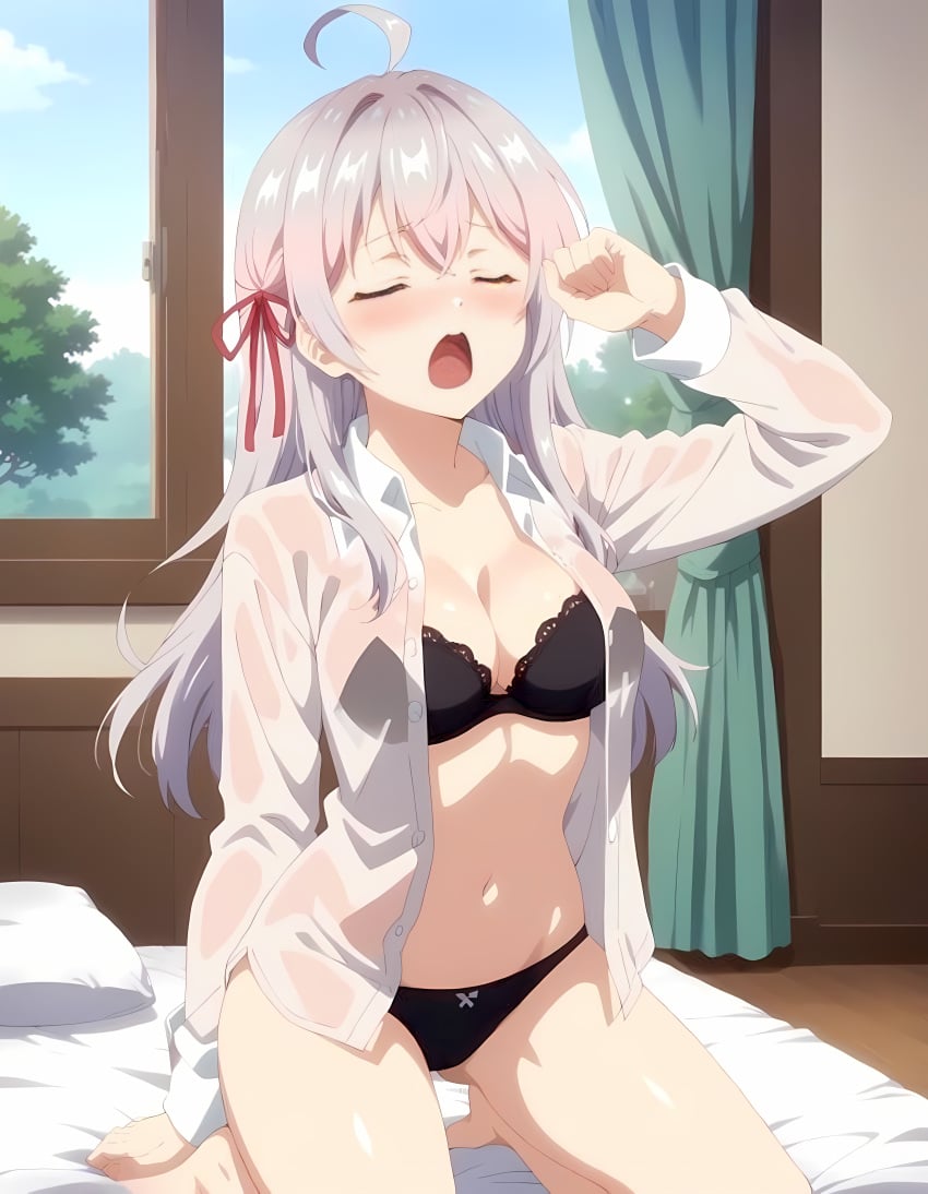 1girls ai_generated alisa_mikhailovna_kujou bed black_bra black_panties bra breast cleavage closed_eyes curtain cute large_breasts open_clothes open_mouth panties red_ribbon ribbon tagme tokidoki_bosotto_russian_de_dereru_tonari_no_alya-san trees underwear window