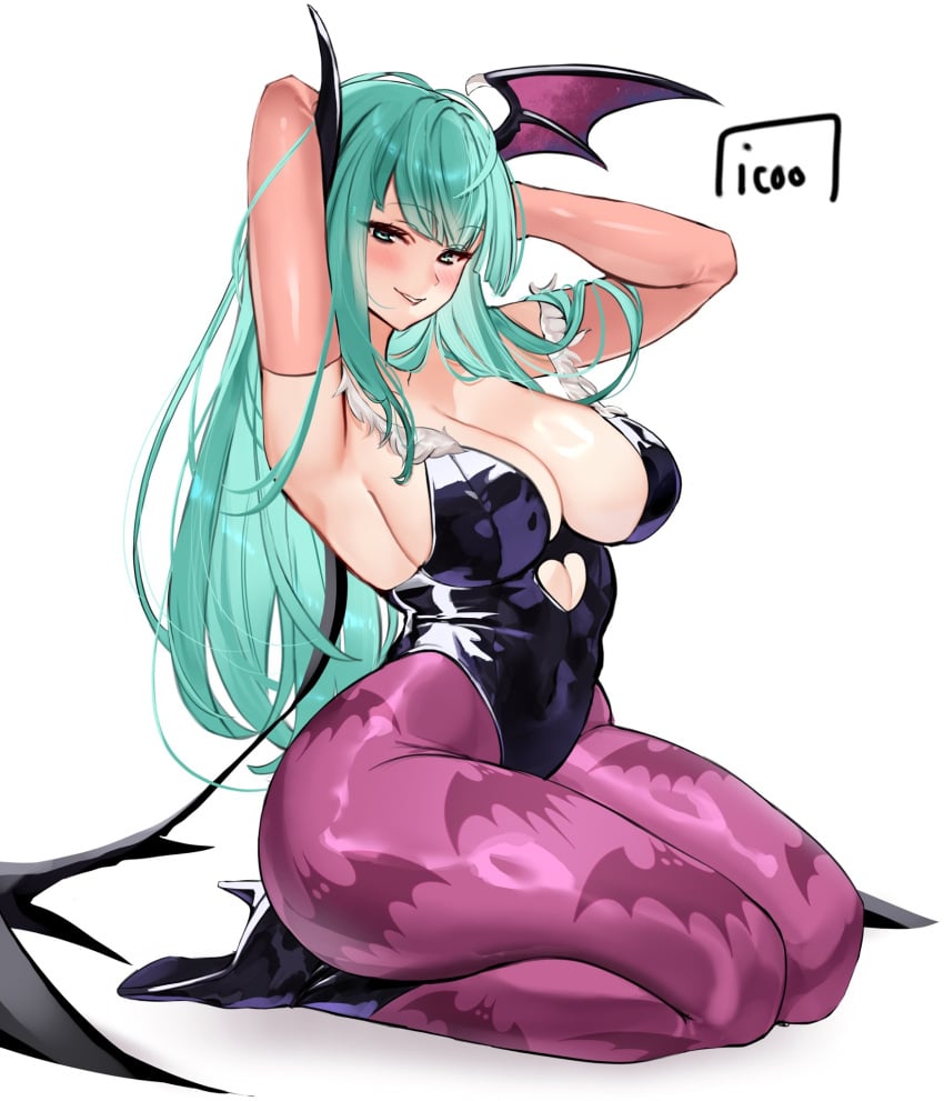 1girls armpits bat_wings big_breasts black_leotard female fully_clothed green_hair heels icoo leggings morrigan_aensland purple_legwear succubus thick_thighs wide_hips wings_on_head