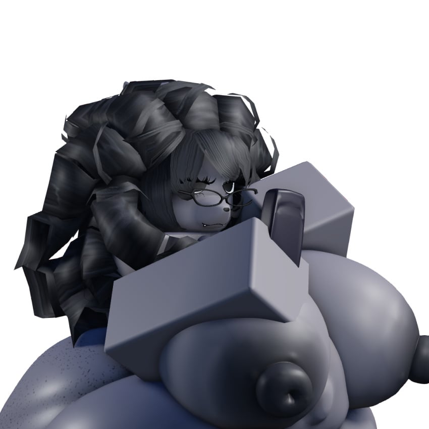 1:1 3d_(artwork) alpha_channel anthro betsy_(disambiguation) big_breasts black_body black_hair black_nipples breasts digital_media_(artwork) dreadded_llc electronics eyewear female glasses hair huge_breasts nipples nude roblox solo