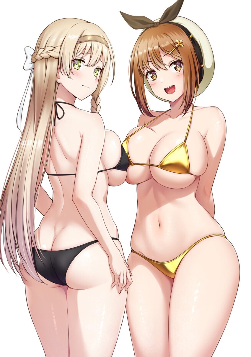 2girls absurd_res absurdres adult adult_female arm_behind_back arms_behind_back ass ass_cleavage atelier_(series) atelier_ryza atelier_ryza_1 back back-tie_bikini back-tie_swimwear bare_arms bare_back bare_belly bare_chest bare_hands bare_hips bare_legs bare_midriff bare_navel bare_shoulders bare_skin bare_thighs belly belly_button beret bikini bikini_bottom bikini_only bikini_top black_bikini black_bikini_bottom black_bikini_only black_bikini_top black_hair_ribbon black_hair_tie black_hairband black_ribbon black_string_bikini black_swimsuit black_swimwear blonde_eyebrows blonde_female blonde_hair blonde_hair_female blush blush_face blush_lines blushed_face blushing_at_viewer blushing_face blushing_female boobs_pressed braid braided_hair breast_press breast_press_on_chest breast_squeeze breasts breasts_press breasts_pressed_against_another breasts_pressed_against_partner breasts_pressed_together brown_eyebrows brown_eyes brown_eyes_female brown_hair brown_hair_female busty busty_female busty_girl butt_crack butt_crack_outline cleavage collarbone crown_braid curvy curvy_ass curvy_body curvy_female curvy_figure curvy_hips dot_nose elbows embarrassed_exposed_female embarrassed_expression embarrassed_female exposed_arms exposed_ass exposed_back exposed_belly exposed_butt exposed_chest exposed_hips exposed_legs exposed_midriff exposed_navel exposed_shoulders exposed_skin exposed_thighs fair_skin female female_focus female_naked female_only fingernails fingers gold_bikini gold_bikini_bottom gold_bikini_top gold_string_bikini gold_swimsuit gold_swimwear green_eyes green_eyes_female groin hair_between_eyes hair_clip hair_clips hair_ornament hair_ornaments hair_ribbon hair_tie hairband hairclip hairclips half_naked half_nude hand_behind_back hands_behind_back hat head_tilt high_resolution highres hourglass_figure klaudia_valentz large_breasts lean_body lean_figure legs legs_closed legs_together light-skinned_female light_skin long_hair looking_at_viewer looking_back looking_back_at_viewer mature mature_female mibushiro midriff multiple_females multiple_girls naked naked_female naked_woman narrow_waist navel nervous nervous_expression nervous_face nervous_female nervous_smile nervous_sweat nude nude_female nudity open_mouth open_mouth_smile pale-skinned_female pale_skin parted_lips partially_naked pressing_breast_on_partner pressing_breasts pressing_breasts_together pushing_breasts_together reisalin_stout ribbon semi_nude shiny_breasts shiny_hair shiny_legs shiny_shoulders shiny_skin shiny_thighs shoulders shy shy_smile sideboob sidelocks simple_background slender_body slender_waist slim_girl slim_waist smile smiley_face smiling_at_viewer smooth_skin squeezing_breast squeezing_breasts squeezing_breasts_together standing string_bikini swimsuit swimwear thick_ass thick_thighs thighs thin_waist tilted_head tongue underboob upper_body upper_teeth v-line white_background white_beret white_hair_ribbon white_hair_tie white_hat white_ribbon wide_hips