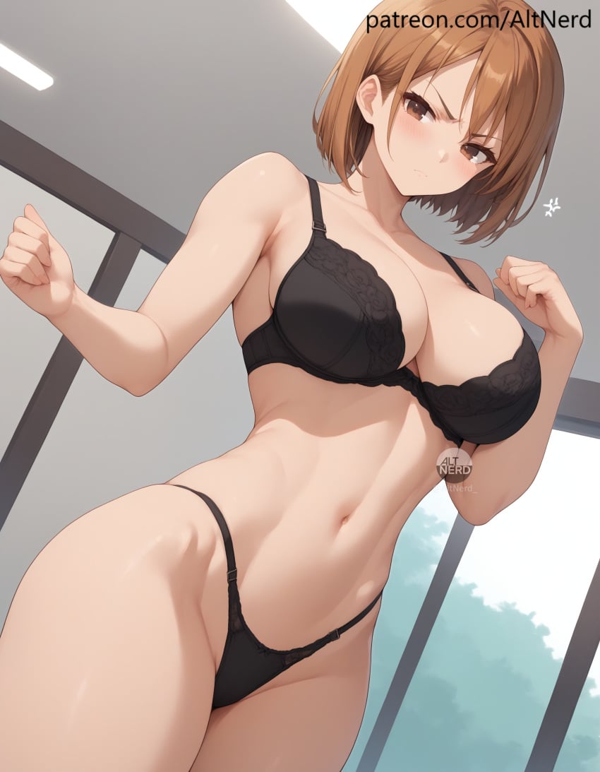 ai_generated altnerd annoyed artist_logo artist_name big_breasts black_bra black_panties black_underwear blush bob_cut brown_eyes brown_hair from_below hi_res highres hourglass_figure indoors jujutsu_kaisen kugisaki_nobara navel patreon_username short_hair standing thick_thighs wide_hips