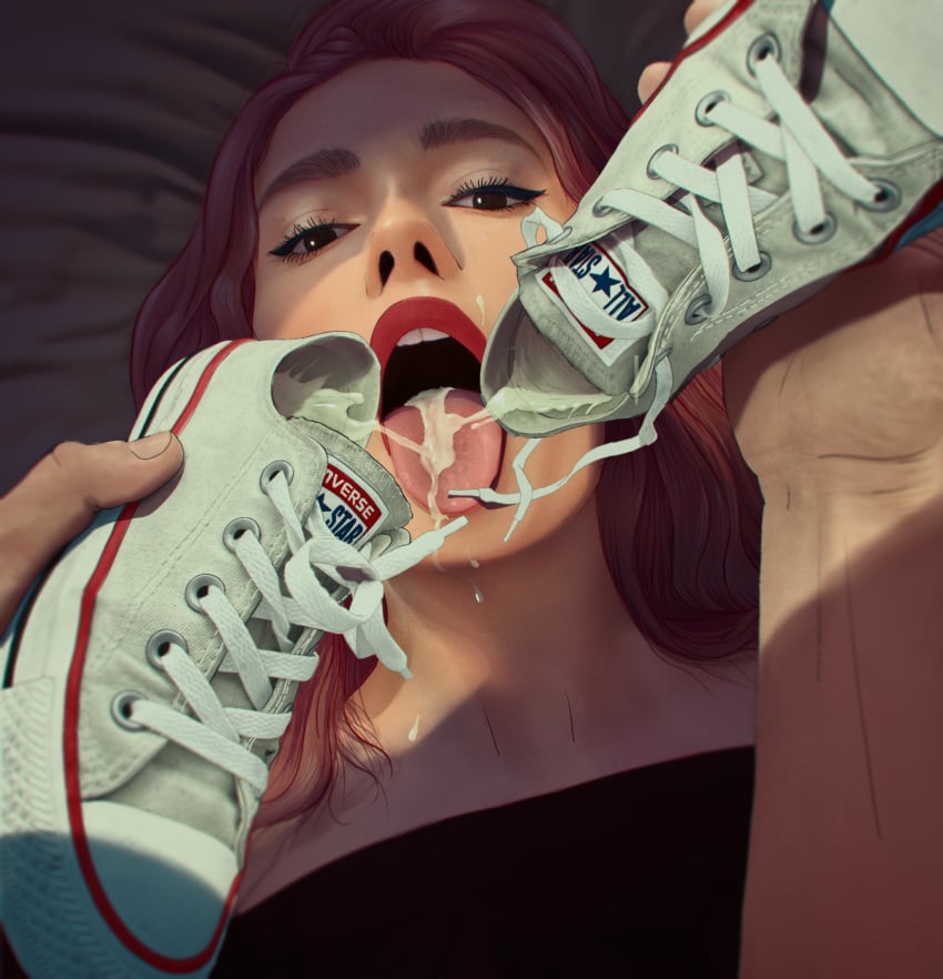 converse cum cum_in_mouth cum_in_shoe eye_contact female open_mouth pouring red_hair semen sneakers tagme versecon wet