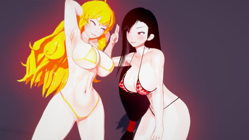 2girls armpits arms_behind_head big_breasts bikini bikini_bottom bikini_top black_hair black_hair_female blonde_female blonde_hair breasts busty crossover death_battle eastern_and_western_character final_fantasy final_fantasy_vii half-dressed half_naked long_hair long_hair_female nakadashi_(artist) navel pose posing rwby sensual sexy_armpits smile thong_bikini tifa_lockhart toned yang_xiao_long