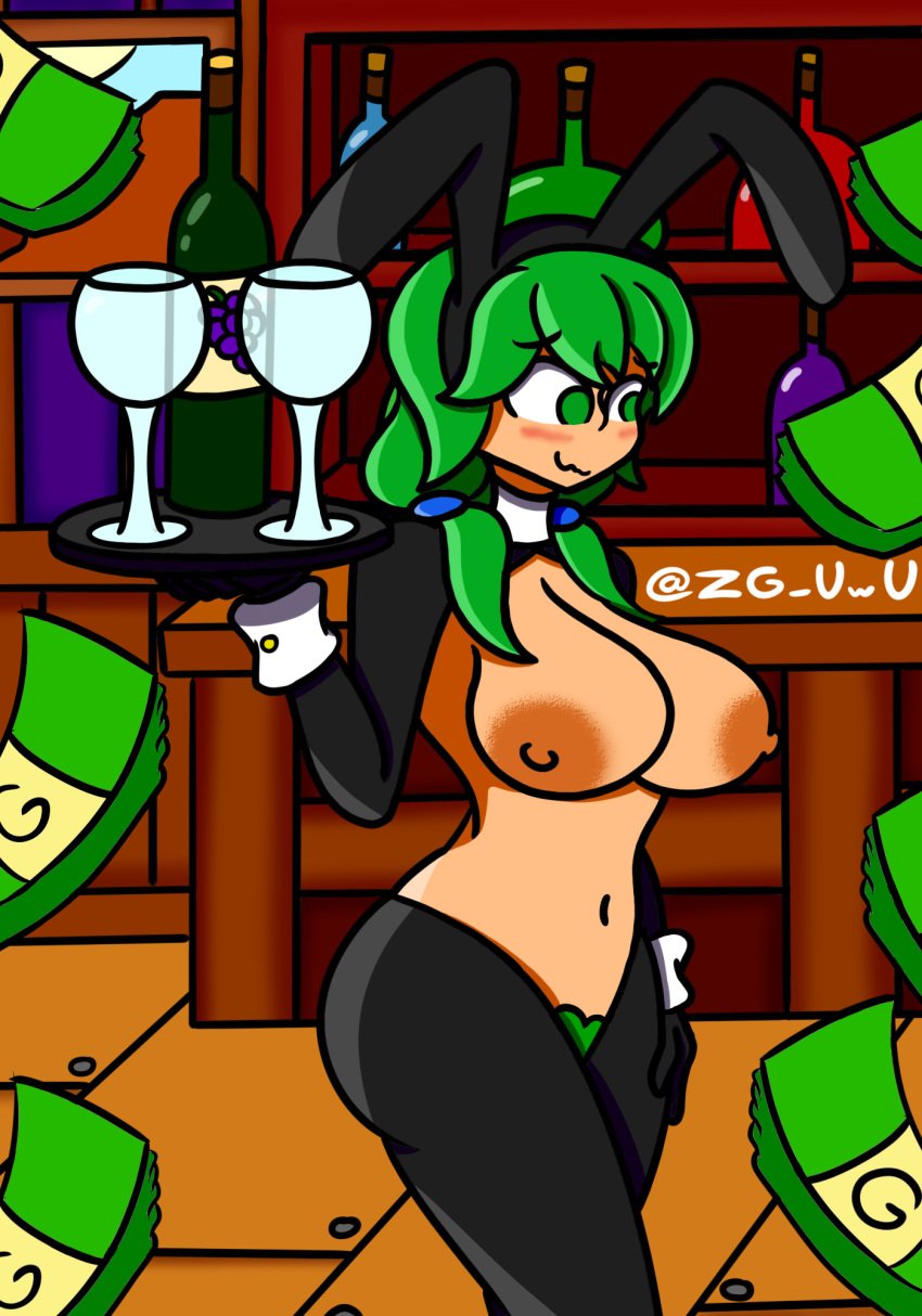 artist_name bar big_ass big_breasts big_butt big_thighs blush boobs_out breasts_out bunny_ears caroline_(stardew_valley) detailed_background gloves green_eyes green_hair hi_res highres loadsamoney milf money nervous nervous_smile pasties reverse_bunnysuit stardew_valley tavern thighhighs waitress wine_bottle wine_glass zg_uwu