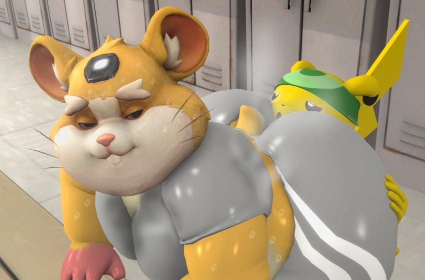 3d ass_grab belly clothing crossover english_text hammond_(overwatch) moobs mrrainbow overwatch overweight pikachu pokemon pokemon_(species) stinkface sweat tagme