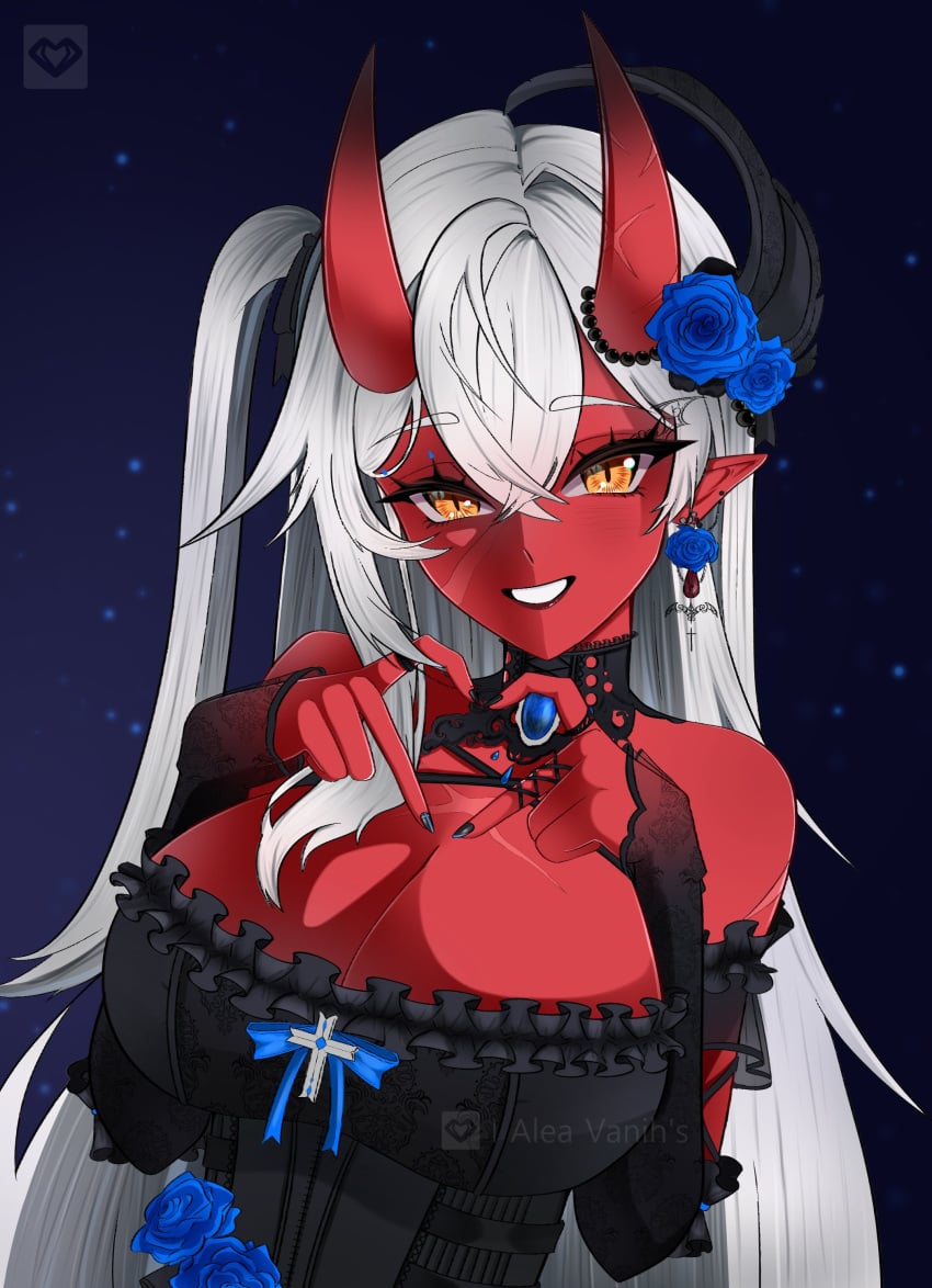 akumi bangs bare_shoulders black_ribbon blue_flower blue_rose blush breasts choker cleavage demon_girl dress earrings elbow_gloves eyebrows_visible_through_hair female fingernails flower gloves grin hair_between_eyes hair_flower hair_ornament hair_ribbon horns huge_breasts jewelry large_breasts long_hair looking_at_viewer necklace oni_horns orange_eyes pointy_ears red_skin ribbon rose smile solo teeth upper_body very_long_hair vyugen white_hair yellow_eyes