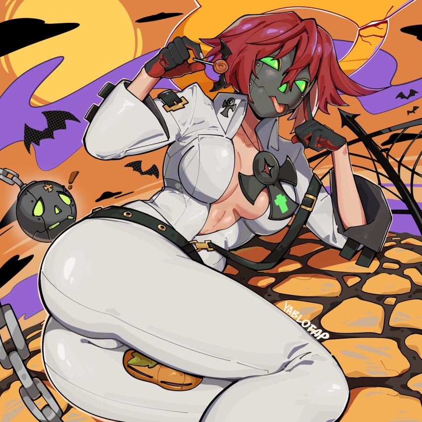 alohapz ass bodysuit breasts female gloves guilty_gear guilty_gear_strive halo highres jack-o'_valentine long_hair mask multicolored_hair red_hair spiked_halo tight_clothes two-tone_hair