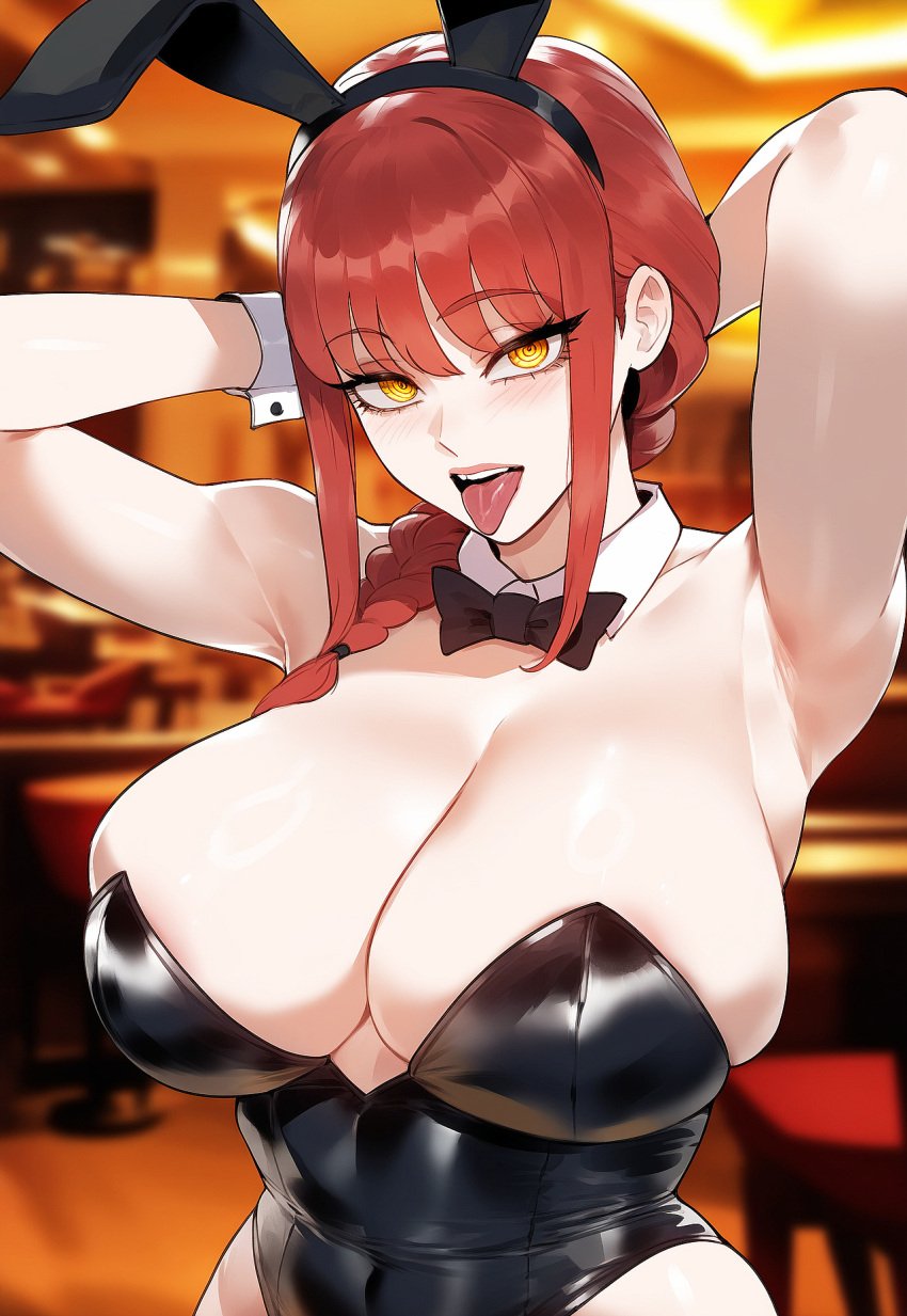 ai_generated black_pants braid breasts bunnysuit chainsaw_man curvy huge_breasts juuicyai large_breasts lingerie long_hair makima_(chainsaw_man) massive_breasts narrow_waist necktie red_hair thick_thighs white_shirt wide_hips yellow_eyes