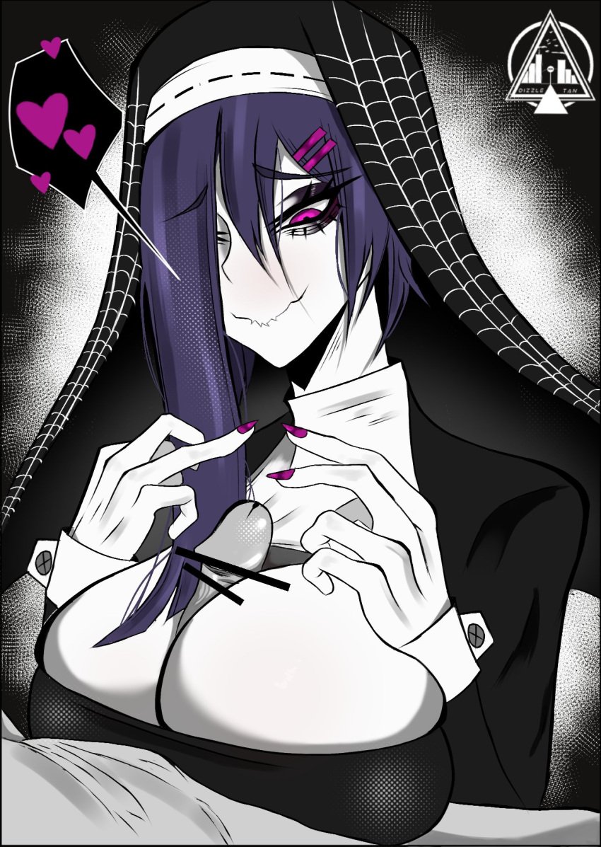 1girls dizzle_tan huge_breasts long_hair nun penis pink_eyes purple_hair