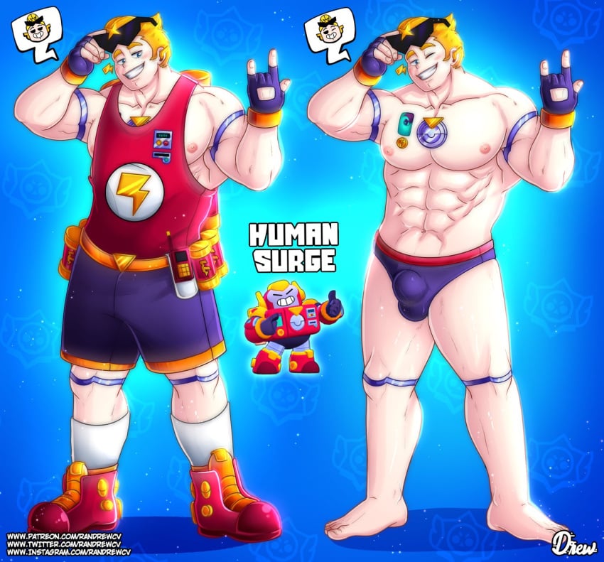 1boy abs bara blue_eyes blush brawl_stars bulge digital_media_(artwork) energy_drink feet fingerless_gloves gay gloves half-dressed hi_res homosexual human human_only humanized instagram_username light-skinned_male light_skin looking_at_viewer male male_only muscular muscular_male nipples one_eye_closed patreon_url patreon_username pecs randrewcv shoes short_hair shorts sleeveless_shirt smile smiling_at_viewer socks solo solo_focus solo_male standing sunglasses supercell surge_(brawl_stars) twitter_link twitter_username underwear undressing url video_games walkie_talkie white_socks