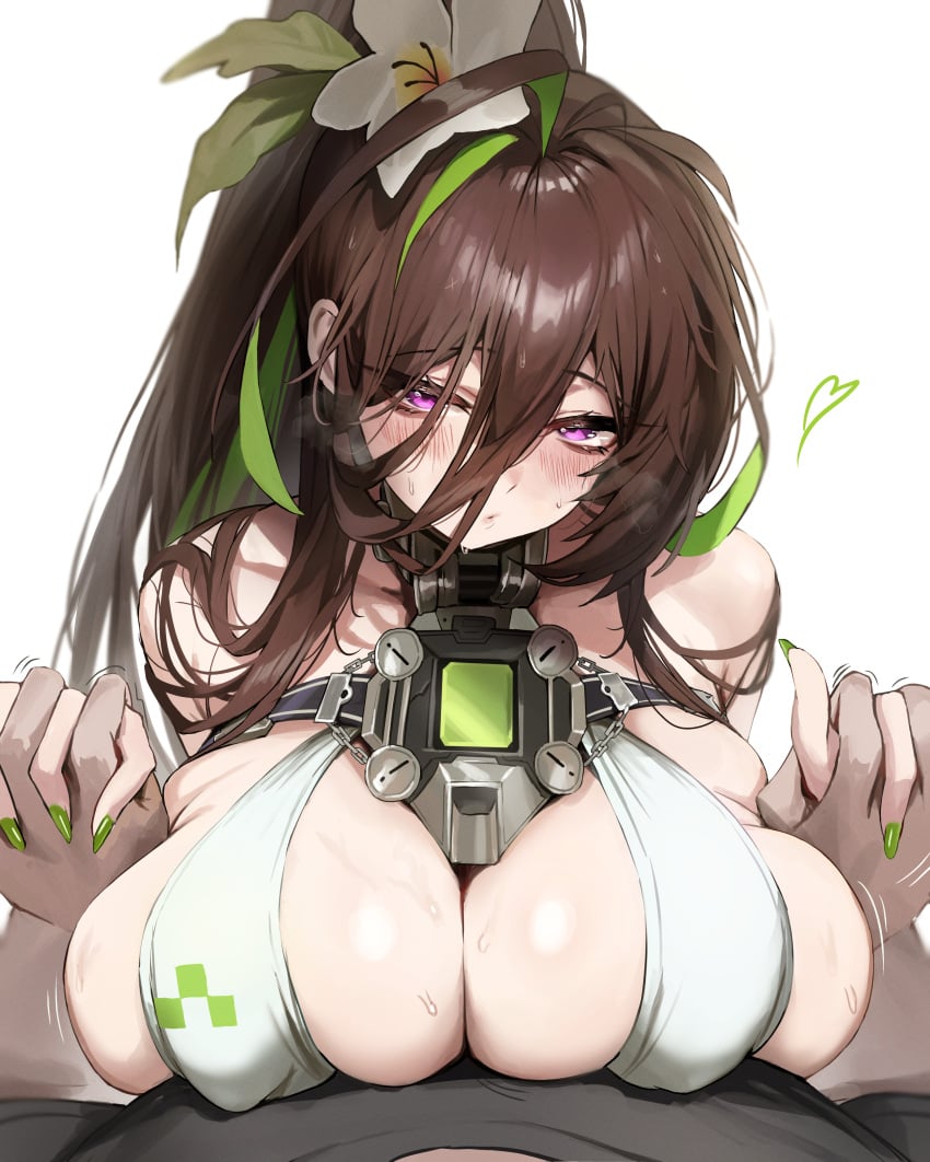 1boy 1girls barely_contained bikini black_hair blush blushing_at_viewer breasts_pressed_against_partner breasts_pressed_together dotthebot flower flower_in_hair goddess_of_victory:_nikke green_hair green_nail_polish green_nails guilty_(nikke) guilty_(wave_of_disbelief)_(nikke) handholding hi_res highres holding_hands huge_breasts large_breasts lips lipstick long_hair massive_breasts nipple_bulge open_mouth ponytail presenting_breasts pressing_breasts_together purple_eyes restrained restraints simple_background suggestive suggestive_look sweat sweating swimsuit white_background