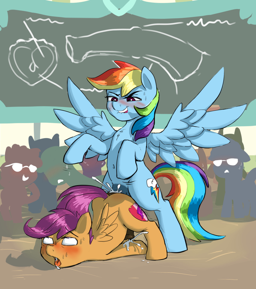 2017 absurd_res blush cradeelcin cum cutie_mark duo_focus equine feathered_wings feathers friendship_is_magic group hair hair_on_head hi_res hooves male mammal multicolored_hair my_little_pony navel pegasus penetration penis rainbow_dash_(mlp) rainbow_hair rule_63 scootaloo_(mlp) sex spread_wings sweat wings young