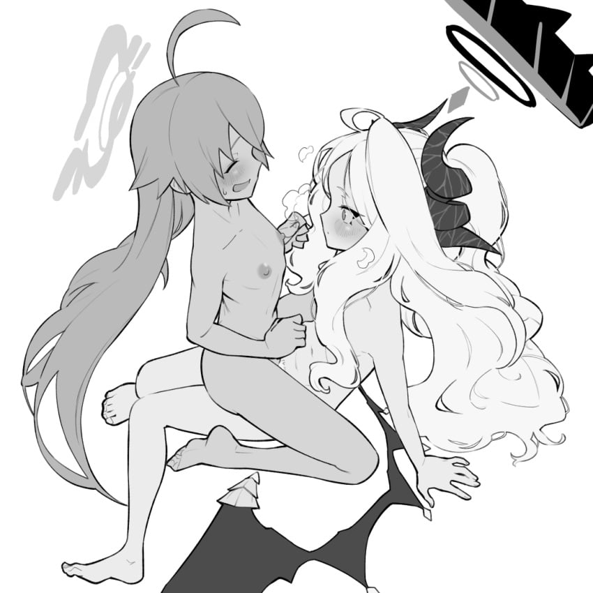 2girls ahoge barefoot_sandals_(jewelry) blue_archive blush completely_nude creepy_hound_(edne5377) flat_chest from_side futa_with_female futanari greyscale halo hina_(blue_archive) horns hoshino_(blue_archive) invisible_chair long_hair monochrome multiple_girls multiple_horns nipples nude open_mouth sex simple_background sitting smile straddling upright_straddle white_background wings