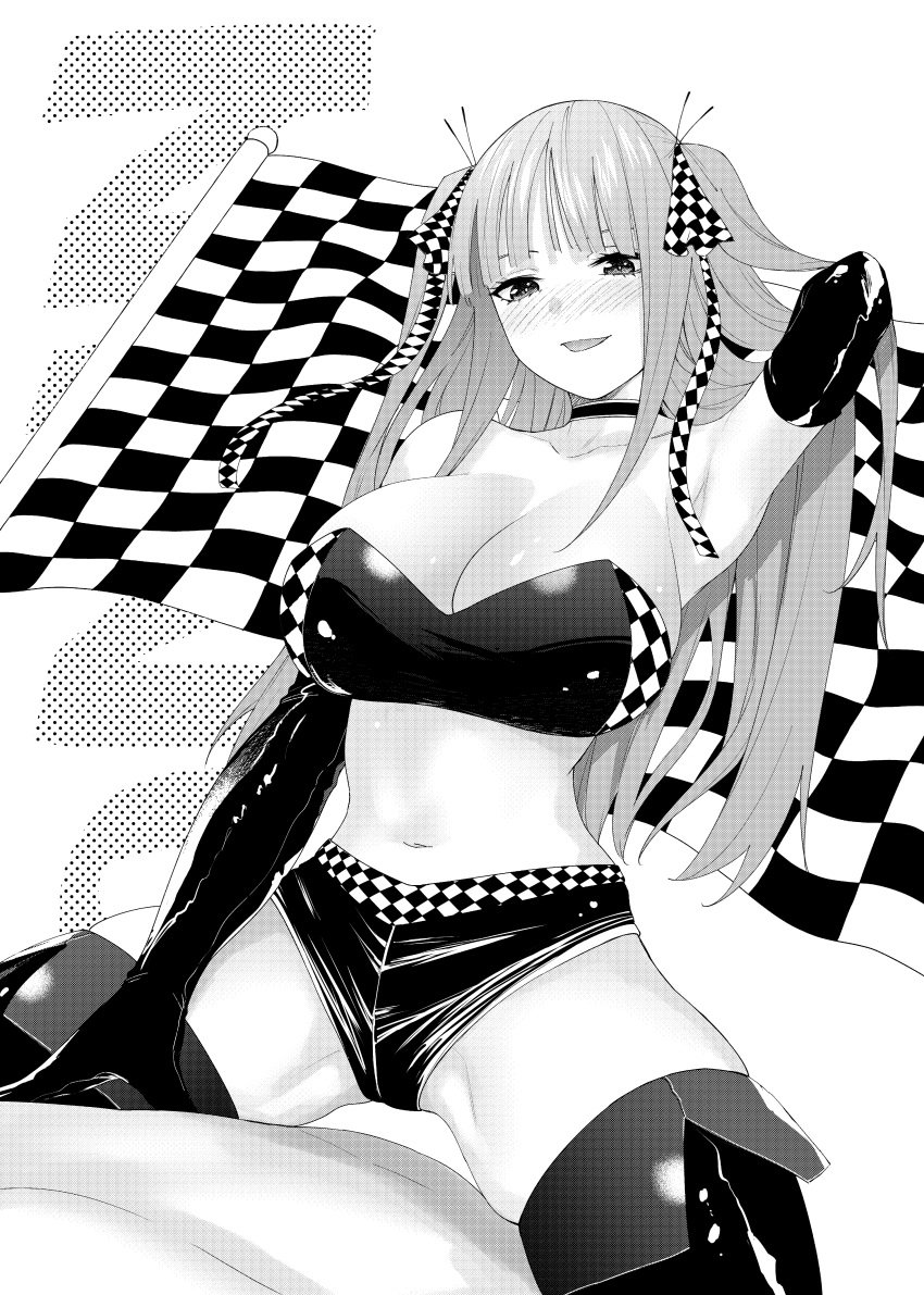 arm_behind_head armpits bandeau bare_belly belly_button big_breasts black_and_white black_gloves blush breasts choker cleavage collarbone elbow_gloves gloves go-toubun_no_hanayome grin hair_ribbon hand_in_own_hair kosmos_beta legs_apart long_hair nakano_nino parted_lips race_queen short_shorts shorts thigh_boots thighs zettai_ryouiki