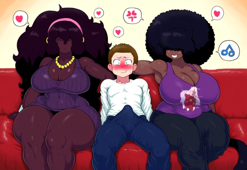 1boy 2girls 2girls1boy afro ai_generated big_breasts big_hair brinne curvy dark-skinned_female dark_skin ebony erection erection_under_clothes female heart huge_breasts imminent_sex long_hair mullon nervous novelai original original_character sisters smile top-heavy very_long_hair voluptuous