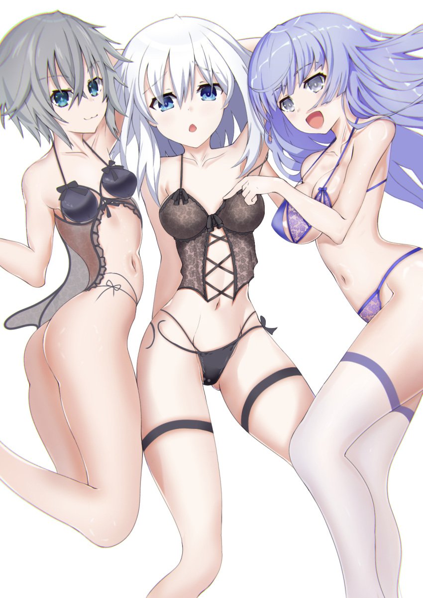 2d 2d_(artwork) 3girls ass belly belly_button big_breasts blue_hair breasts date_a_live grey_eyes grey_hair honjou_nia izayoi_miku kuro1tanaka light-skinned_female lingerie lingerie_only long_hair looking_at_viewer nipple_bulge short_hair small_breasts socks thighs tobiichi_origami violet_hair white_hair