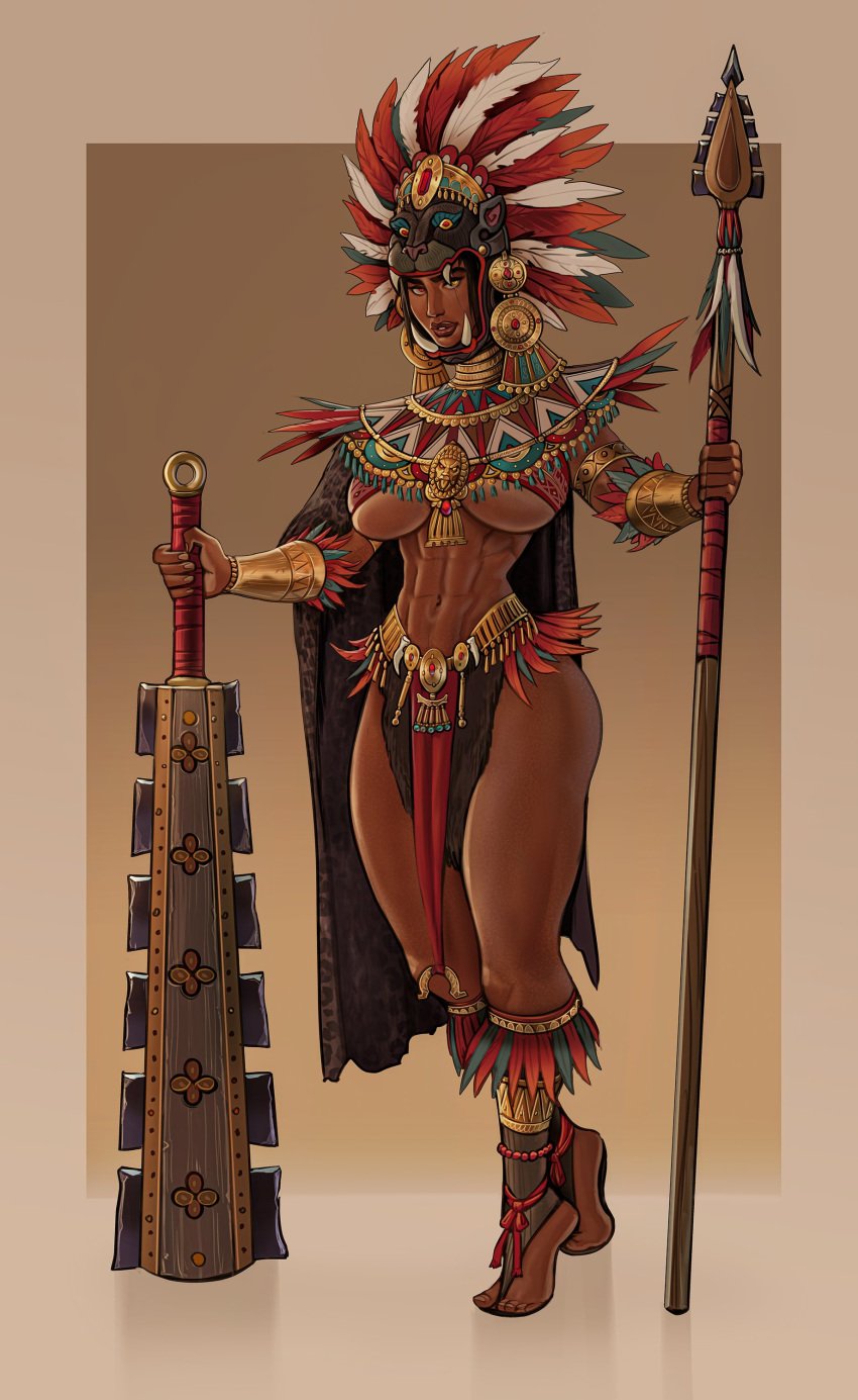 1girls abs aztec aztec_mythology buttedraws curvy dark-skinned_female dark_skin headdress headwear heterochromia mesoamerican mesoamerican_mythology muscular_female red_eyes revealing_clothes tagme tribal voluptuous yellow_eyes