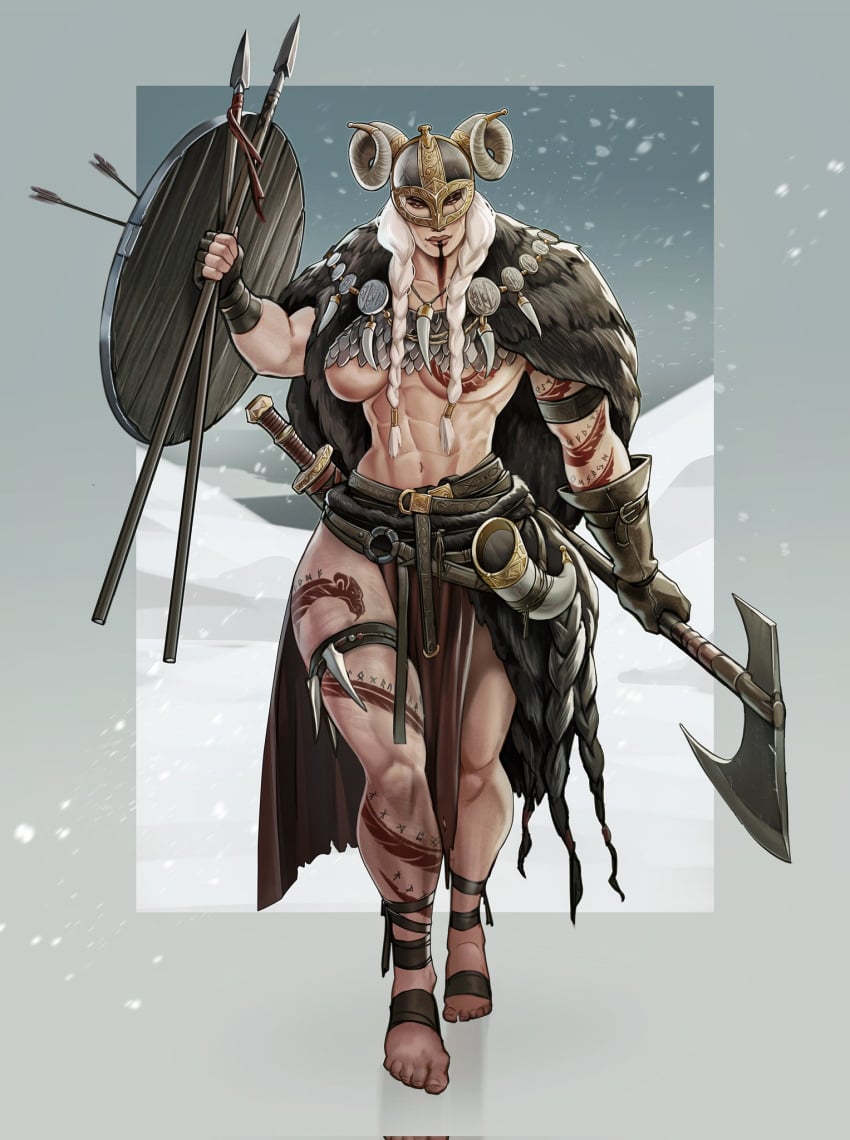 2d barbarian big_breasts brown_eyes buttedraws curvy helmet light_skin nord skyrim snow tagme tattoo viking viking_female white_hair