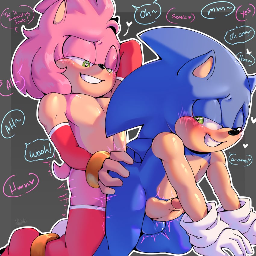 1:1 absurd_res amy_rose anal anthro armwear ass balls blush clothing dialogue duo elbow_gloves foreskin genitals gloves handwear hi_res legwear male male/male penis polarisart rule_63 sega sonic_the_hedgehog sonic_the_hedgehog_(series) speech_bubble thigh_highs