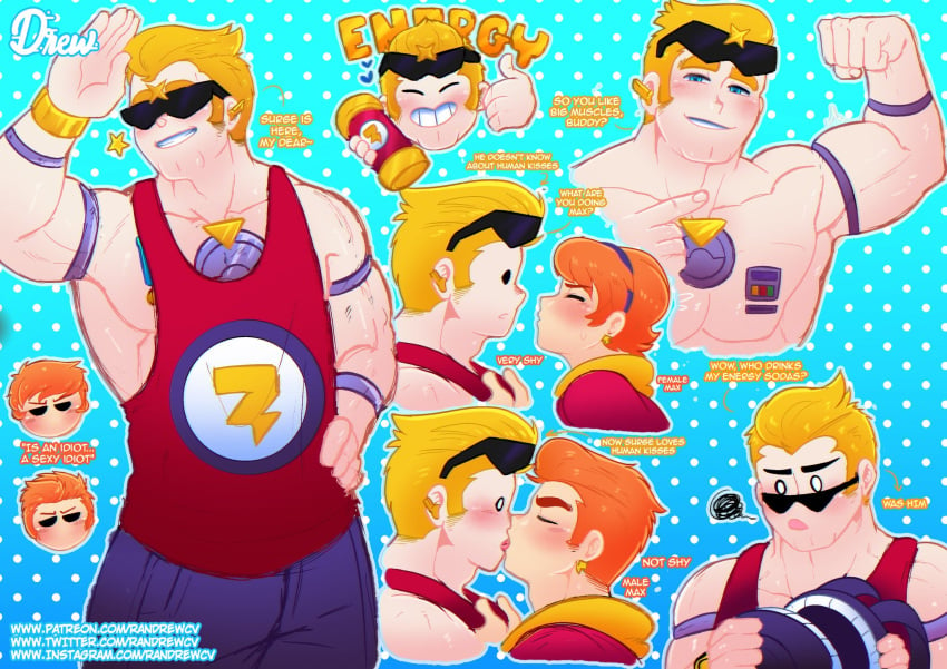 2boys 2d 2d_(artwork) abs backpack bara blue_eyes blush brawl_stars bulge confused confusion dialogue digital_media_(artwork) duo earrings energy_drink english_dialogue english_text gay greeting half-closed_eyes hi_res homosexual human human_only humanized instagram_username kiss kissing light-skinned_male light_skin looking_at_viewer male male_only max_(brawl_stars) multiple_images muscular muscular_male nipples orange_hair patreon_url patreon_username pecs randrewcv rule_63 short_hair shorts sleeveless_shirt smile smiling_at_viewer standing sunglasses sunglasses_removed supercell surge_(brawl_stars) text twitter_link twitter_username url video_games